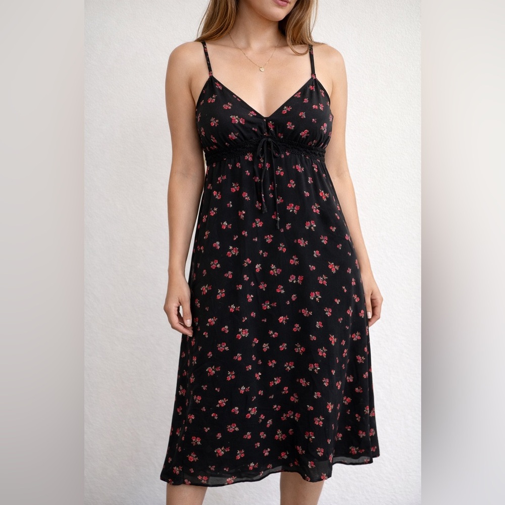 Black Floral Midi Dress Tie Front Adjustable Straps Size S